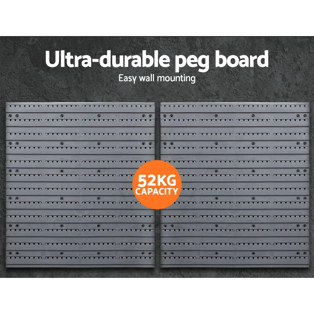 A Giantz 44 Storage Bin Rack Wall Mounted Peg Board with multiple rows of heavy duty storage bins in grey and blue. The dimensions of the entire unit are 54 cm in height and 48 cm in width. The detachable bins are stackable and can be attached or detached from the wall panel.