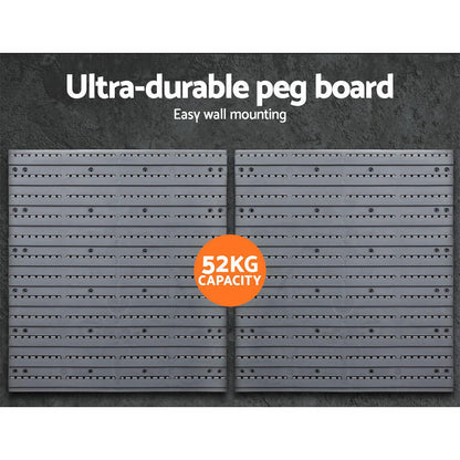 A Giantz 44 Storage Bin Rack Wall Mounted Peg Board with multiple rows of heavy duty storage bins in grey and blue. The dimensions of the entire unit are 54 cm in height and 48 cm in width. The detachable bins are stackable and can be attached or detached from the wall panel.