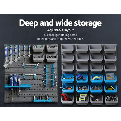 A Giantz 44 Storage Bin Rack Wall Mounted Peg Board with multiple rows of heavy duty storage bins in grey and blue. The dimensions of the entire unit are 54 cm in height and 48 cm in width. The detachable bins are stackable and can be attached or detached from the wall panel.