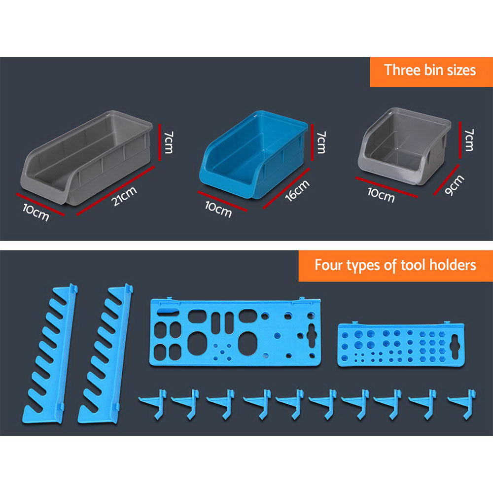 A Giantz 44 Storage Bin Rack Wall Mounted Peg Board with multiple rows of heavy duty storage bins in grey and blue. The dimensions of the entire unit are 54 cm in height and 48 cm in width. The detachable bins are stackable and can be attached or detached from the wall panel.