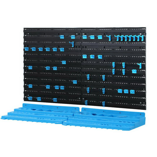 Two black pegboards with numerous slots hold various blue tool hangers and organizers, forming a Giantz 54 Storage Bin Rack Wall Mounted Tools. Below the pegboards, two matching blue trays are placed parallel to each other, designed for additional storage and organization of tools in an adjustable layout.