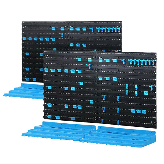 Two black and blue Giantz 108 Storage Bin Rack Wall Mounted with multiple rows of hooks for hanging tools and equipment. Each rack is mounted on a blue base, designed for organizing and storing various tools efficiently. The adjustable layout offers a durable and systematic storage solution.