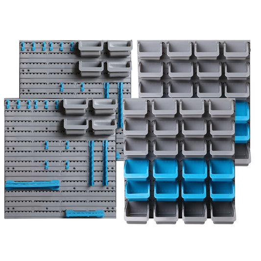 A set of gray and blue modular storage bins and pegboard panels. The Giantz 88 Storage Bin Rack Wall Mounted system, ideal for garage storage, features various sizes of bins, some gray and some blue, attached to perforated panels that allow for customizable organization. These detachable bins provide versatile solutions for storing tools and supplies.