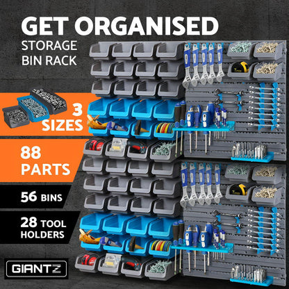 A set of gray and blue modular storage bins and pegboard panels. The Giantz 88 Storage Bin Rack Wall Mounted system, ideal for garage storage, features various sizes of bins, some gray and some blue, attached to perforated panels that allow for customizable organization. These detachable bins provide versatile solutions for storing tools and supplies.