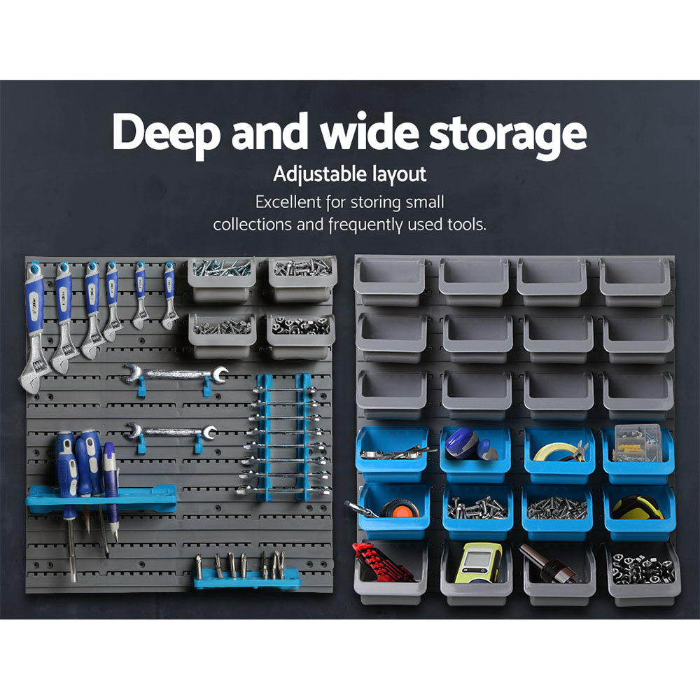 A set of gray and blue modular storage bins and pegboard panels. The Giantz 88 Storage Bin Rack Wall Mounted system, ideal for garage storage, features various sizes of bins, some gray and some blue, attached to perforated panels that allow for customizable organization. These detachable bins provide versatile solutions for storing tools and supplies.