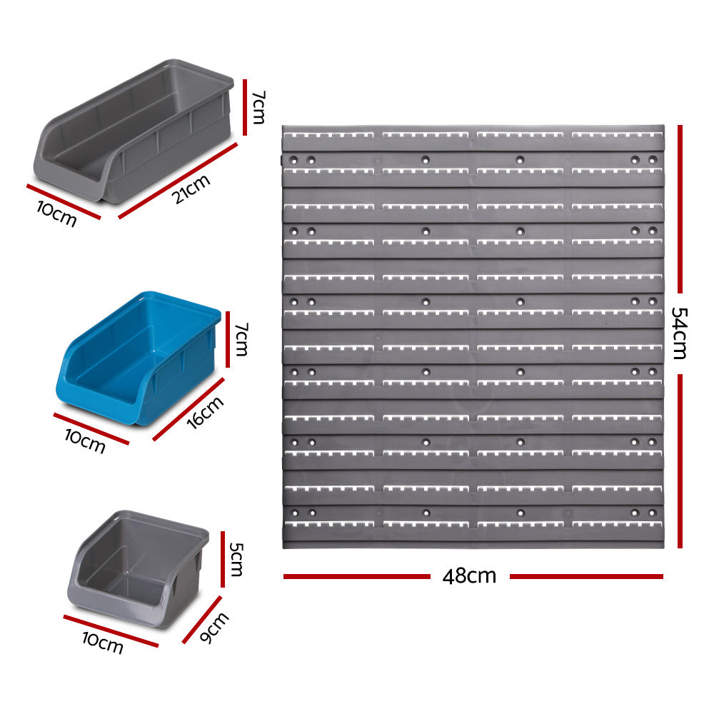 A collage of four images showcases different work environments labeled "Giantz 48 Storage Bin Rack Wall Mounted Steel Board" in the center. Clockwise, the images include a car workshop, a hardware store, a garage with tools and accessories storage featuring upgraded mounting slot design, and a storage shed with gardening tools.