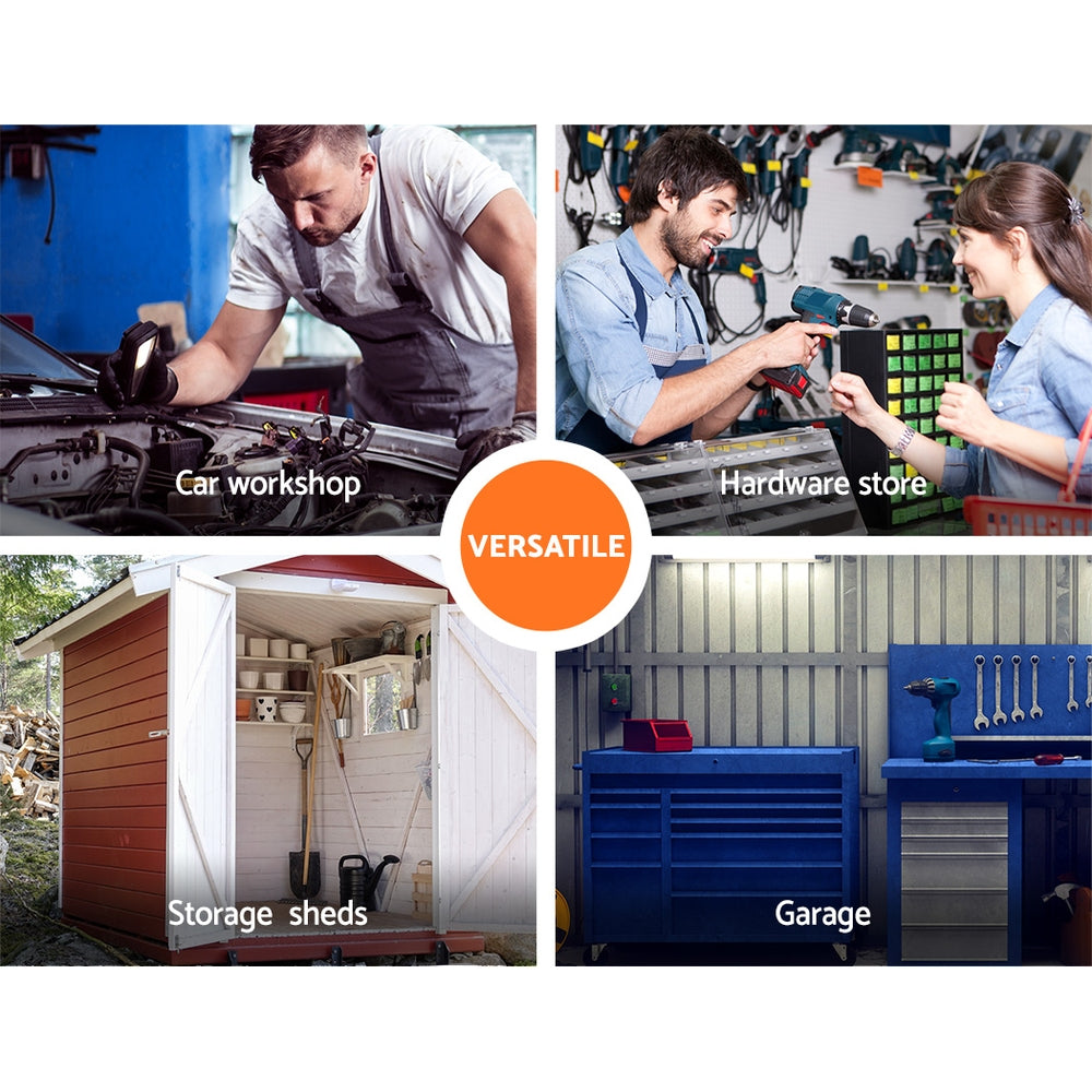 A collage of four images showcases different work environments labeled "Giantz 48 Storage Bin Rack Wall Mounted Steel Board" in the center. Clockwise, the images include a car workshop, a hardware store, a garage with tools and accessories storage featuring upgraded mounting slot design, and a storage shed with gardening tools.