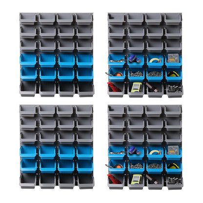 Four sets of Giantz 96 Storage Bin Rack Wall Mounted serve as the ultimate garage organizer. Each set features 6 gray bins filled with screws, nails, and tools and 6 blue, mostly empty bins. In total, 24 detachable bins in four rows of three provide convenient tools and accessories storage.