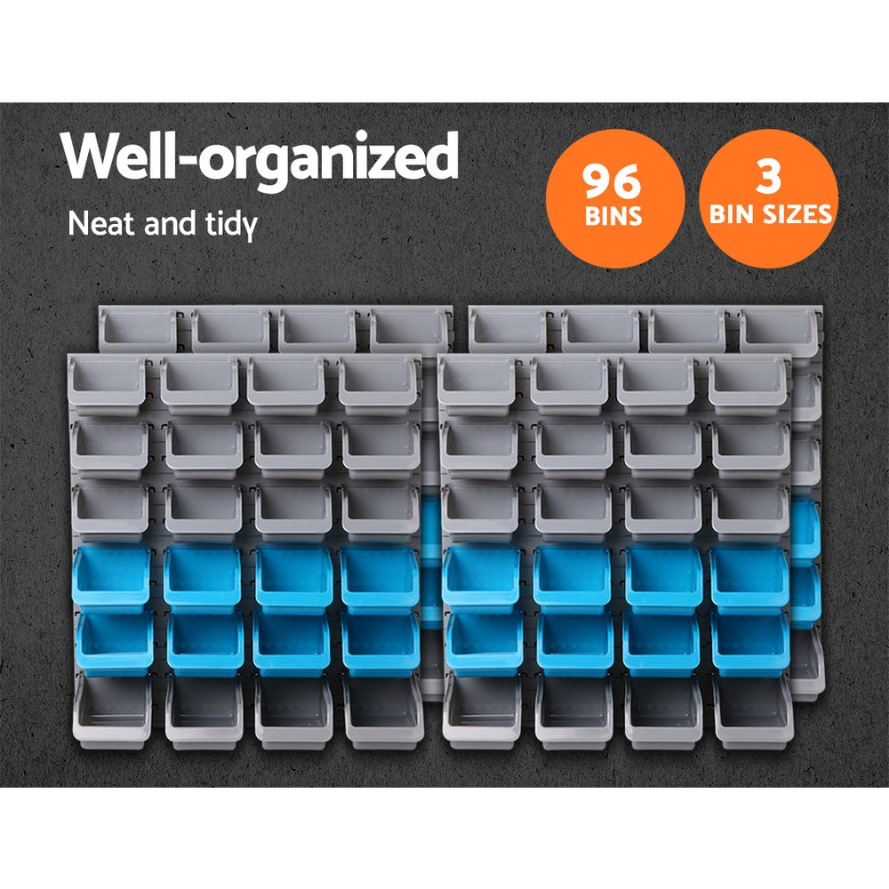 Four sets of Giantz 96 Storage Bin Rack Wall Mounted serve as the ultimate garage organizer. Each set features 6 gray bins filled with screws, nails, and tools and 6 blue, mostly empty bins. In total, 24 detachable bins in four rows of three provide convenient tools and accessories storage.