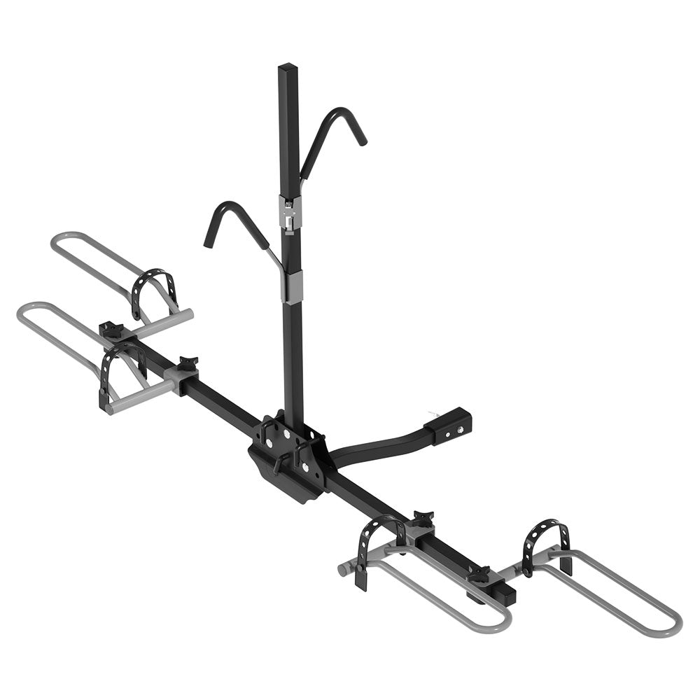 The Giantz 2 Bicycle Bike Carrier Rack Car 2" Hitch Mount Platform Foldable Black is a black hitch-mounted bike rack with two sets of wheel holders and frame support arms. Designed for a 2-inch hitch receiver, it features adjustable straps for securing the bikes and a central support column for added stability when attached to the rear of your vehicle.