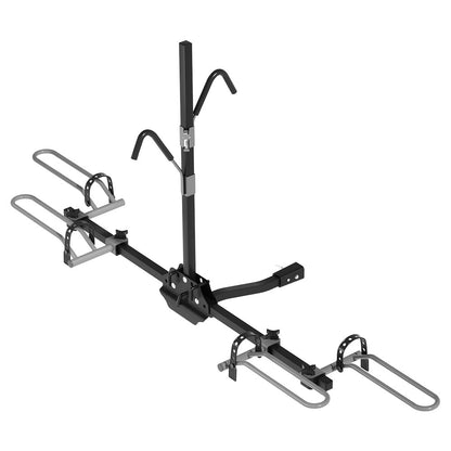 The Giantz 2 Bicycle Bike Carrier Rack Car 2" Hitch Mount Platform Foldable Black is a black hitch-mounted bike rack with two sets of wheel holders and frame support arms. Designed for a 2-inch hitch receiver, it features adjustable straps for securing the bikes and a central support column for added stability when attached to the rear of your vehicle.