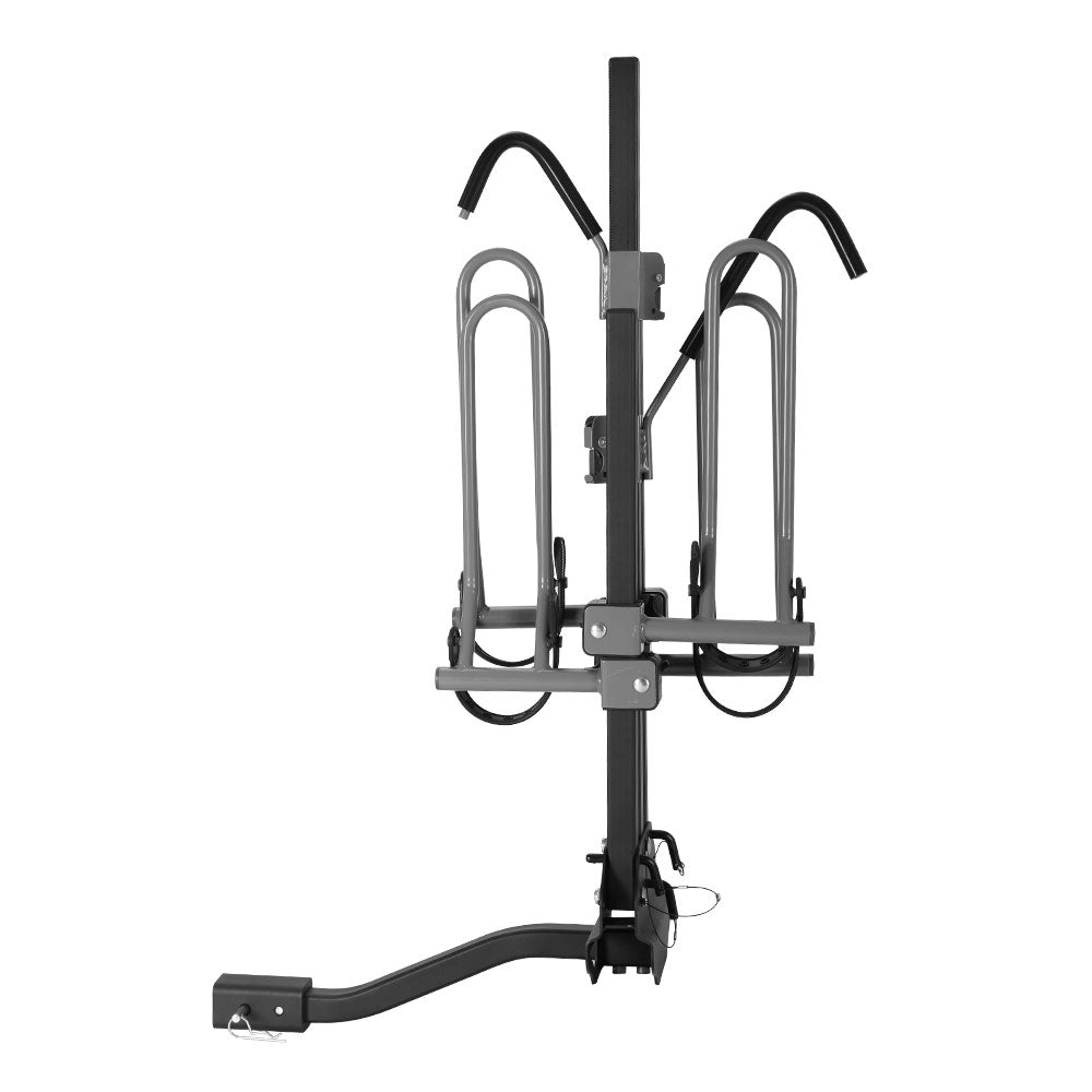 The Giantz 2 Bicycle Bike Carrier Rack Car 2" Hitch Mount Platform Foldable Black is a black hitch-mounted bike rack with two sets of wheel holders and frame support arms. Designed for a 2-inch hitch receiver, it features adjustable straps for securing the bikes and a central support column for added stability when attached to the rear of your vehicle.