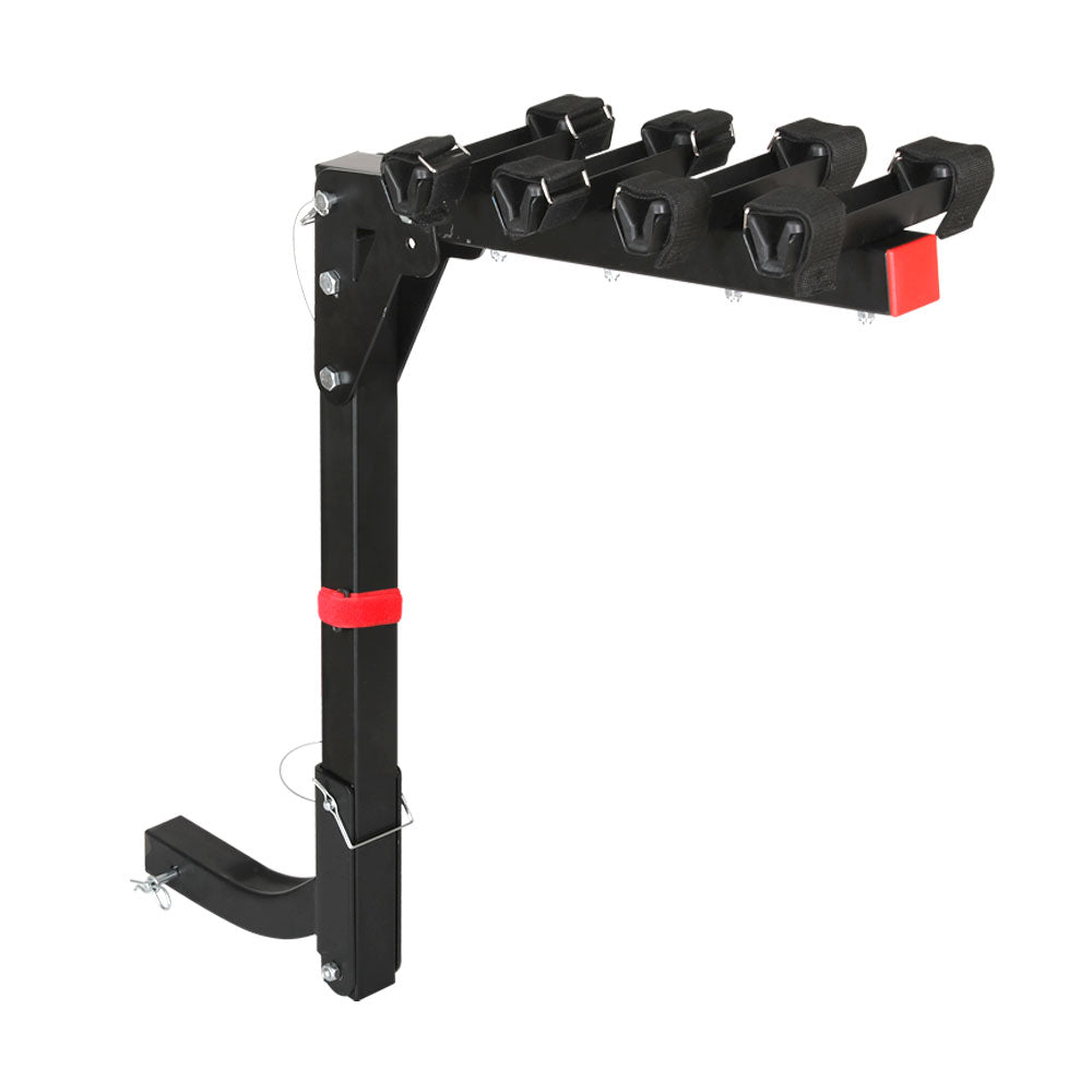 The Giantz 4 Bicycle Bike Carrier Rack Car 2" Hitch Mount Foldable Black is a black metal, hitch-mounted bike rack designed for bike enthusiasts. It features padded cradles to protect up to four bicycles and includes safety pins for secure mounting. Made of durable powder-coated steel, a red strap provides added stability.