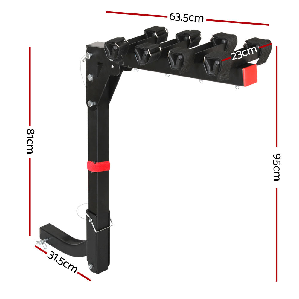 The Giantz 4 Bicycle Bike Carrier Rack Car 2" Hitch Mount Foldable Black is a black metal, hitch-mounted bike rack designed for bike enthusiasts. It features padded cradles to protect up to four bicycles and includes safety pins for secure mounting. Made of durable powder-coated steel, a red strap provides added stability.