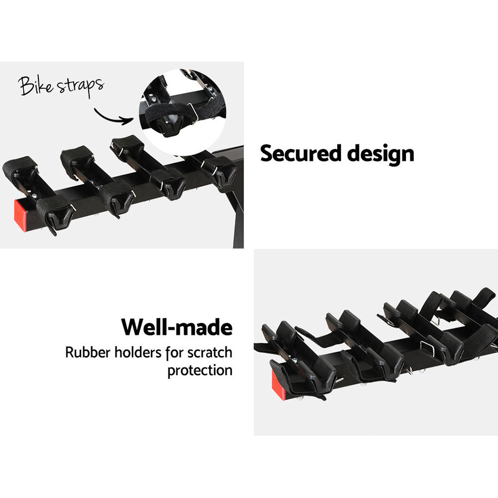 The Giantz 4 Bicycle Bike Carrier Rack Car 2" Hitch Mount Foldable Black is a black metal, hitch-mounted bike rack designed for bike enthusiasts. It features padded cradles to protect up to four bicycles and includes safety pins for secure mounting. Made of durable powder-coated steel, a red strap provides added stability.