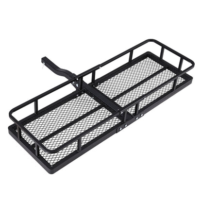 The Giantz Universal Car Roof Rack Foldable Hitch Basket Cargo Carrier 152cm Black is a black metal cargo carrier with a mesh floor and raised sides. Designed for attaching to a vehicle's hitch receiver, it provides extra storage space for transporting camping essentials. The carrier features a sturdy, powder-coated steel rectangular frame with a single hitch bar extending from one end.