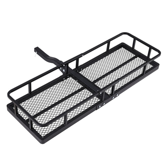 The Giantz Universal Car Roof Rack Foldable Hitch Basket Cargo Carrier 152cm Black is a black metal cargo carrier with a mesh floor and raised sides. Designed for attaching to a vehicle's hitch receiver, it provides extra storage space for transporting camping essentials. The carrier features a sturdy, powder-coated steel rectangular frame with a single hitch bar extending from one end.