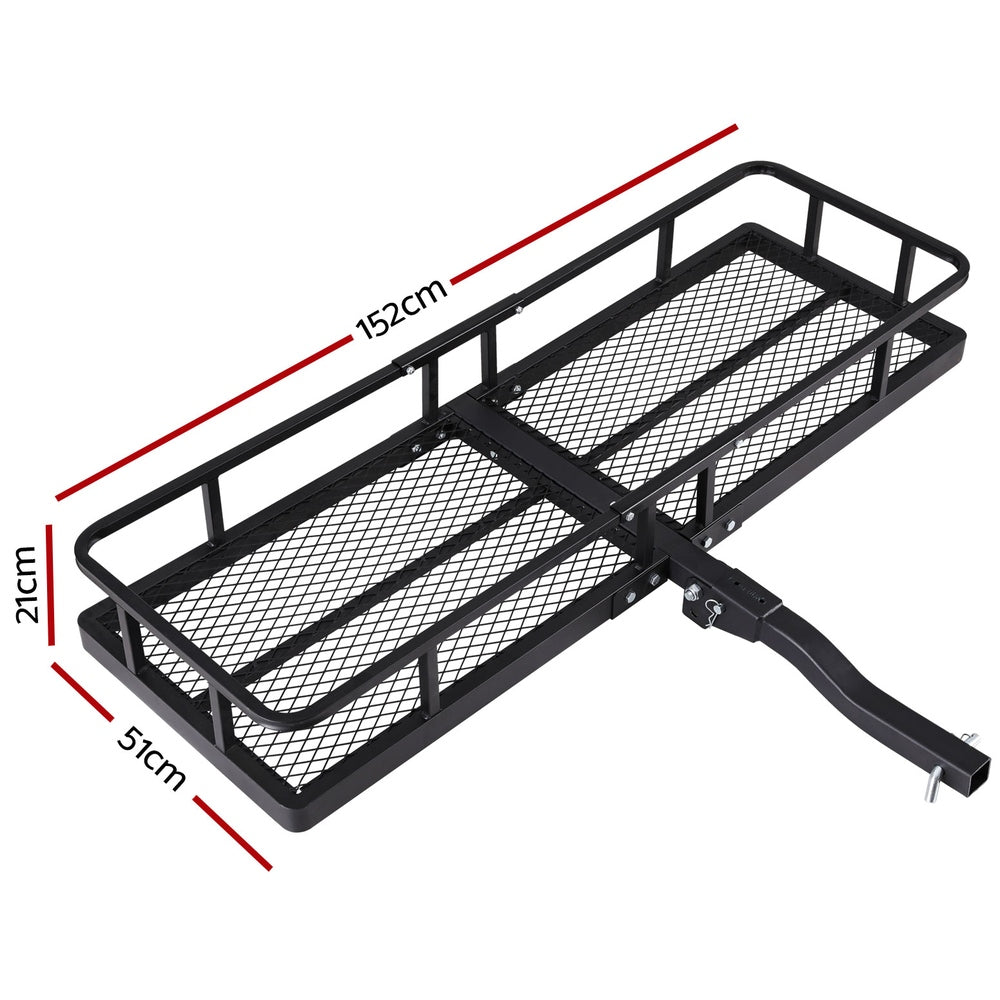 The Giantz Universal Car Roof Rack Foldable Hitch Basket Cargo Carrier 152cm Black is a black metal cargo carrier with a mesh floor and raised sides. Designed for attaching to a vehicle's hitch receiver, it provides extra storage space for transporting camping essentials. The carrier features a sturdy, powder-coated steel rectangular frame with a single hitch bar extending from one end.