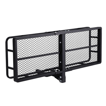 The Giantz Universal Car Roof Rack Foldable Hitch Basket Cargo Carrier 152cm Black is a black metal cargo carrier with a mesh floor and raised sides. Designed for attaching to a vehicle's hitch receiver, it provides extra storage space for transporting camping essentials. The carrier features a sturdy, powder-coated steel rectangular frame with a single hitch bar extending from one end.