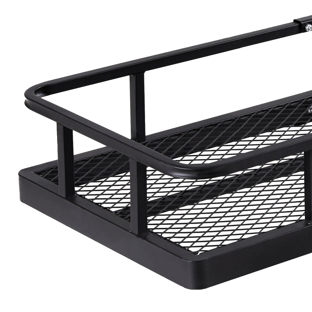 The Giantz Universal Car Roof Rack Foldable Hitch Basket Cargo Carrier 152cm Black is a black metal cargo carrier with a mesh floor and raised sides. Designed for attaching to a vehicle's hitch receiver, it provides extra storage space for transporting camping essentials. The carrier features a sturdy, powder-coated steel rectangular frame with a single hitch bar extending from one end.