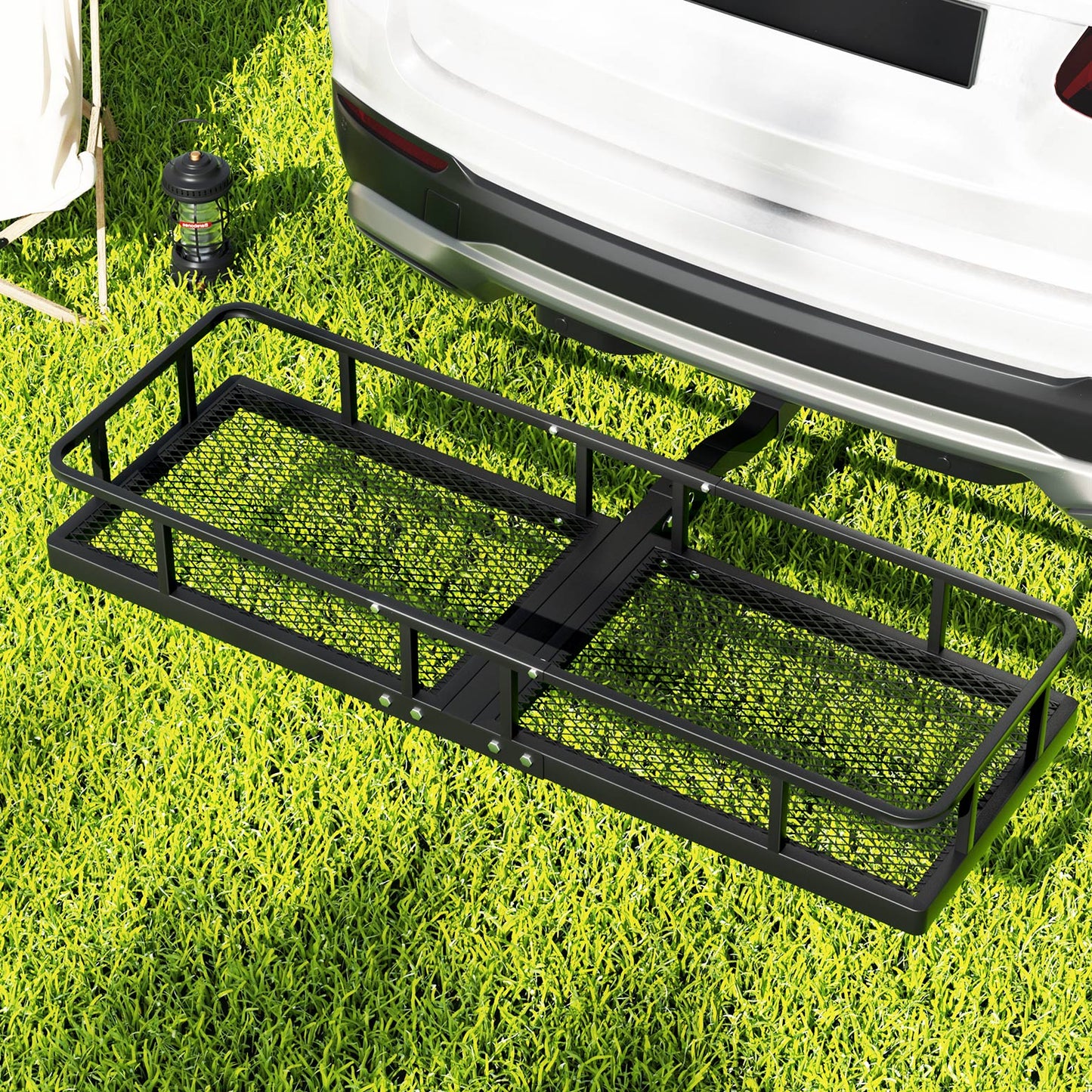 The Giantz Universal Car Roof Rack Foldable Hitch Basket Cargo Carrier 152cm Black is a black metal cargo carrier with a mesh floor and raised sides. Designed for attaching to a vehicle's hitch receiver, it provides extra storage space for transporting camping essentials. The carrier features a sturdy, powder-coated steel rectangular frame with a single hitch bar extending from one end.