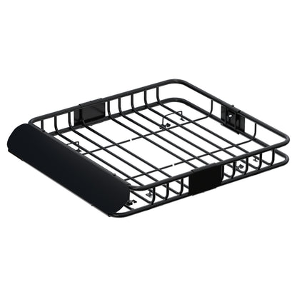 The Giantz Universal Car Roof Rack Basket Luggage Vehicle Cargo Carrier 111cm Black is a black metal roof basket for vehicles, featuring a rectangular shape and open metal grid design. Made from powder-coated steel, it has raised edges and attaches to the roof rack of a car, providing extra carrying space for luggage or other items.