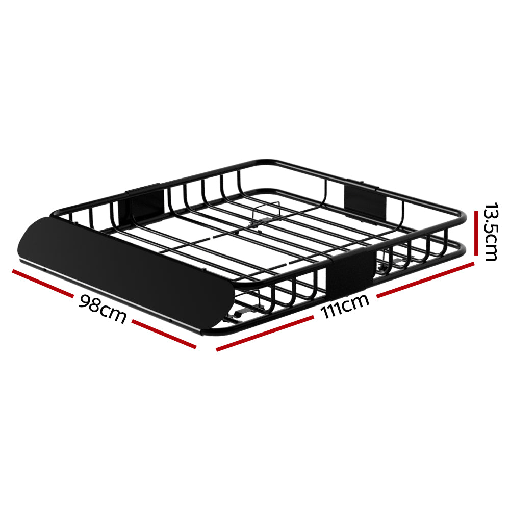 The Giantz Universal Car Roof Rack Basket Luggage Vehicle Cargo Carrier 111cm Black is a black metal roof basket for vehicles, featuring a rectangular shape and open metal grid design. Made from powder-coated steel, it has raised edges and attaches to the roof rack of a car, providing extra carrying space for luggage or other items.