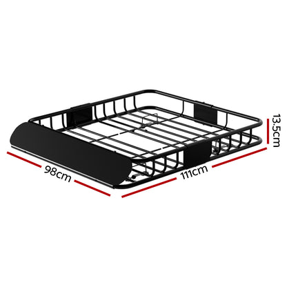 The Giantz Universal Car Roof Rack Basket Luggage Vehicle Cargo Carrier 111cm Black is a black metal roof basket for vehicles, featuring a rectangular shape and open metal grid design. Made from powder-coated steel, it has raised edges and attaches to the roof rack of a car, providing extra carrying space for luggage or other items.