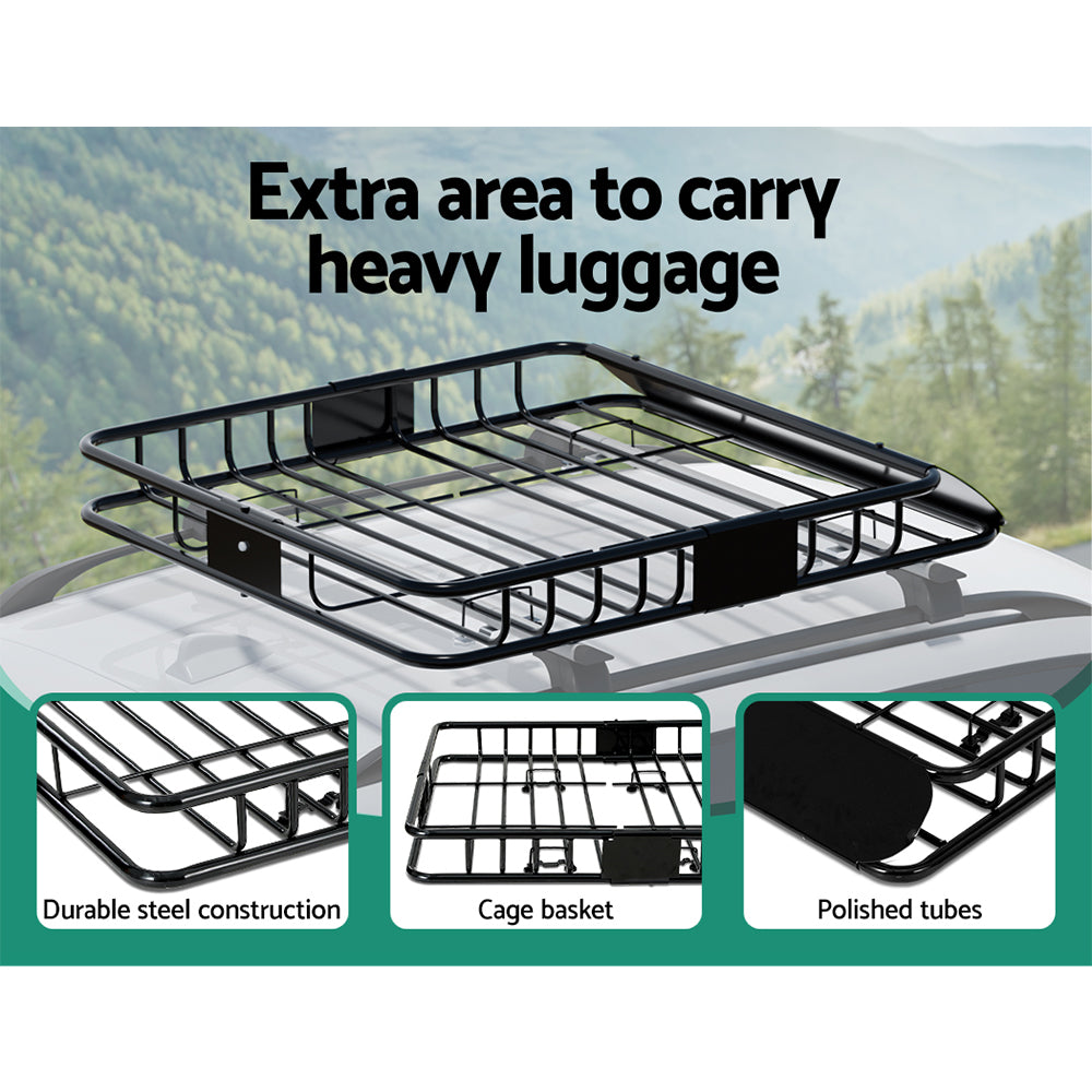 The Giantz Universal Car Roof Rack Basket Luggage Vehicle Cargo Carrier 111cm Black is a black metal roof basket for vehicles, featuring a rectangular shape and open metal grid design. Made from powder-coated steel, it has raised edges and attaches to the roof rack of a car, providing extra carrying space for luggage or other items.