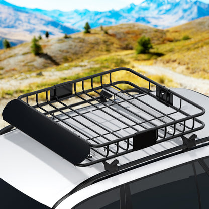 The Giantz Universal Car Roof Rack Basket Luggage Vehicle Cargo Carrier 111cm Black is a black metal roof basket for vehicles, featuring a rectangular shape and open metal grid design. Made from powder-coated steel, it has raised edges and attaches to the roof rack of a car, providing extra carrying space for luggage or other items.