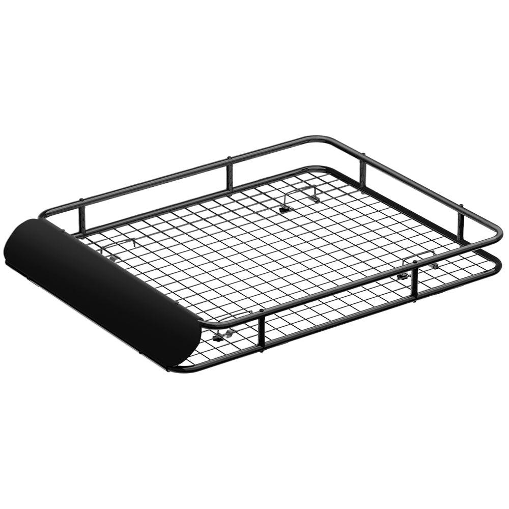 A Giantz Universal Car Roof Rack Basket Luggage Vehicle Cargo Carrier 123cm Black with a rectangular shape and a covered front section. Made from powder-coated steel, the basket is designed to be mounted or placed in various locations for storage purposes and features a sturdy construction.