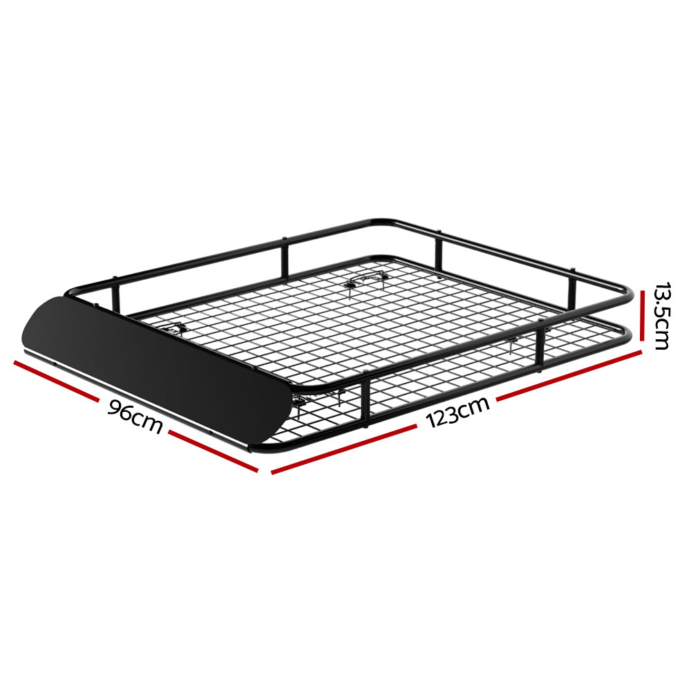 A Giantz Universal Car Roof Rack Basket Luggage Vehicle Cargo Carrier 123cm Black with a rectangular shape and a covered front section. Made from powder-coated steel, the basket is designed to be mounted or placed in various locations for storage purposes and features a sturdy construction.