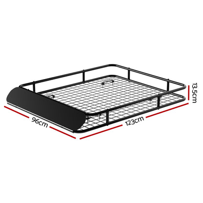 A Giantz Universal Car Roof Rack Basket Luggage Vehicle Cargo Carrier 123cm Black with a rectangular shape and a covered front section. Made from powder-coated steel, the basket is designed to be mounted or placed in various locations for storage purposes and features a sturdy construction.