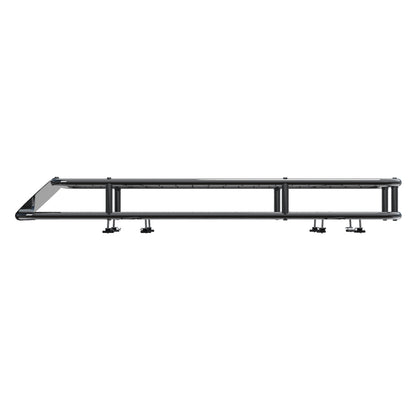 A Giantz Universal Car Roof Rack Basket Luggage Vehicle Cargo Carrier 123cm Black with a rectangular shape and a covered front section. Made from powder-coated steel, the basket is designed to be mounted or placed in various locations for storage purposes and features a sturdy construction.