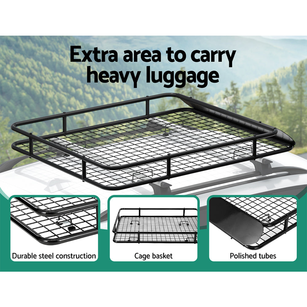 A Giantz Universal Car Roof Rack Basket Luggage Vehicle Cargo Carrier 123cm Black with a rectangular shape and a covered front section. Made from powder-coated steel, the basket is designed to be mounted or placed in various locations for storage purposes and features a sturdy construction.