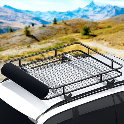 A Giantz Universal Car Roof Rack Basket Luggage Vehicle Cargo Carrier 123cm Black with a rectangular shape and a covered front section. Made from powder-coated steel, the basket is designed to be mounted or placed in various locations for storage purposes and features a sturdy construction.