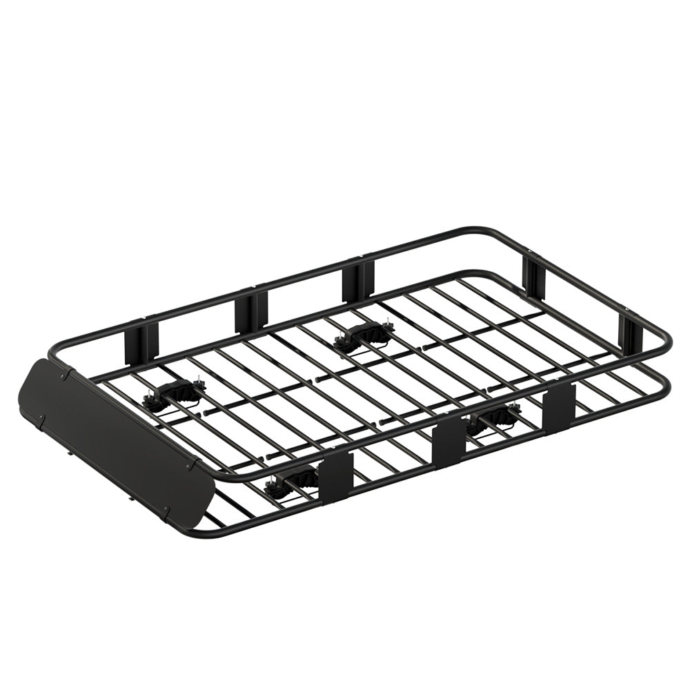 The Giantz Universal Car Roof Rack Basket Luggage Vehicle Cargo Carrier 160cm Black is a black metal cargo roof rack for vehicles, featuring a robust rectangular frame with multiple crossbars for support. This roof basket has six mounting brackets for secure attachment and boasts a solid flat front wind deflector, accommodating up to 100kg weight capacity.