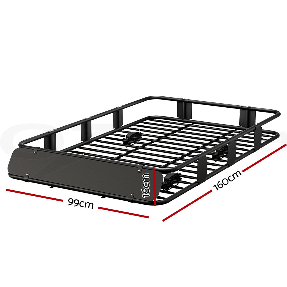 The Giantz Universal Car Roof Rack Basket Luggage Vehicle Cargo Carrier 160cm Black is a black metal cargo roof rack for vehicles, featuring a robust rectangular frame with multiple crossbars for support. This roof basket has six mounting brackets for secure attachment and boasts a solid flat front wind deflector, accommodating up to 100kg weight capacity.