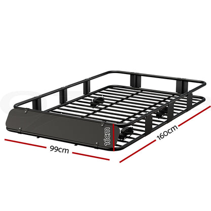 The Giantz Universal Car Roof Rack Basket Luggage Vehicle Cargo Carrier 160cm Black is a black metal cargo roof rack for vehicles, featuring a robust rectangular frame with multiple crossbars for support. This roof basket has six mounting brackets for secure attachment and boasts a solid flat front wind deflector, accommodating up to 100kg weight capacity.