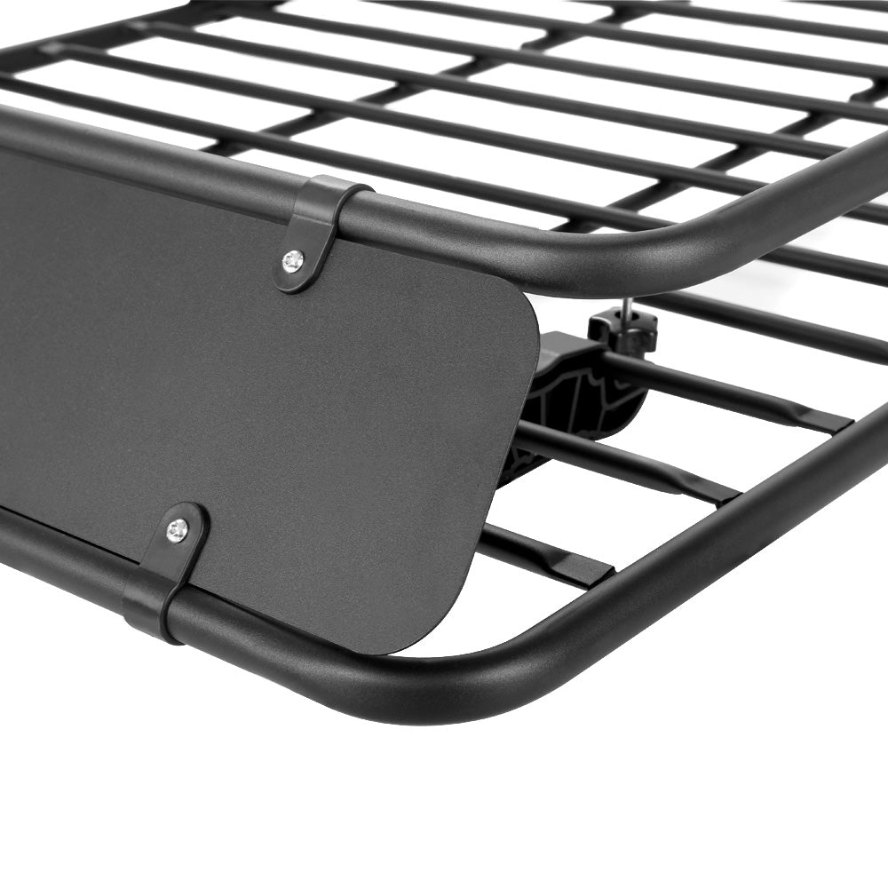 The Giantz Universal Car Roof Rack Basket Luggage Vehicle Cargo Carrier 160cm Black is a black metal cargo roof rack for vehicles, featuring a robust rectangular frame with multiple crossbars for support. This roof basket has six mounting brackets for secure attachment and boasts a solid flat front wind deflector, accommodating up to 100kg weight capacity.