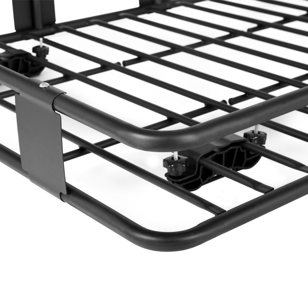 The Giantz Universal Car Roof Rack Basket Luggage Vehicle Cargo Carrier 160cm Black is a black metal cargo roof rack for vehicles, featuring a robust rectangular frame with multiple crossbars for support. This roof basket has six mounting brackets for secure attachment and boasts a solid flat front wind deflector, accommodating up to 100kg weight capacity.