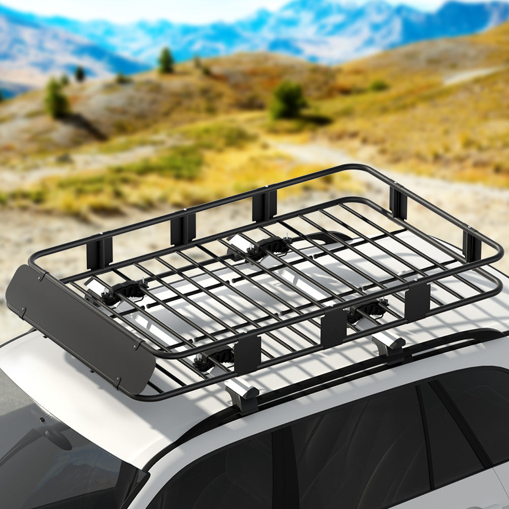 The Giantz Universal Car Roof Rack Basket Luggage Vehicle Cargo Carrier 160cm Black is a black metal cargo roof rack for vehicles, featuring a robust rectangular frame with multiple crossbars for support. This roof basket has six mounting brackets for secure attachment and boasts a solid flat front wind deflector, accommodating up to 100kg weight capacity.