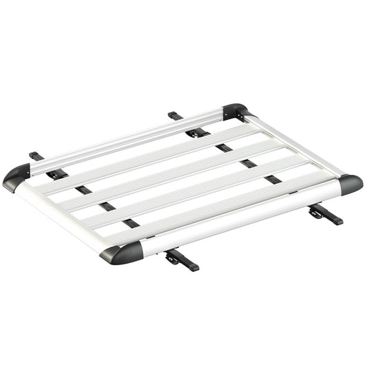 The Giantz Universal Car Roof Rack Basket Luggage Vehicle Cargo Carrier 140cm Silver is a sleek, silver roof rack with a rectangular frame and parallel bars designed to attach to your vehicle's roof. Perfect for carrying camping essentials, it features black corner pieces and mounting brackets for secure placement.