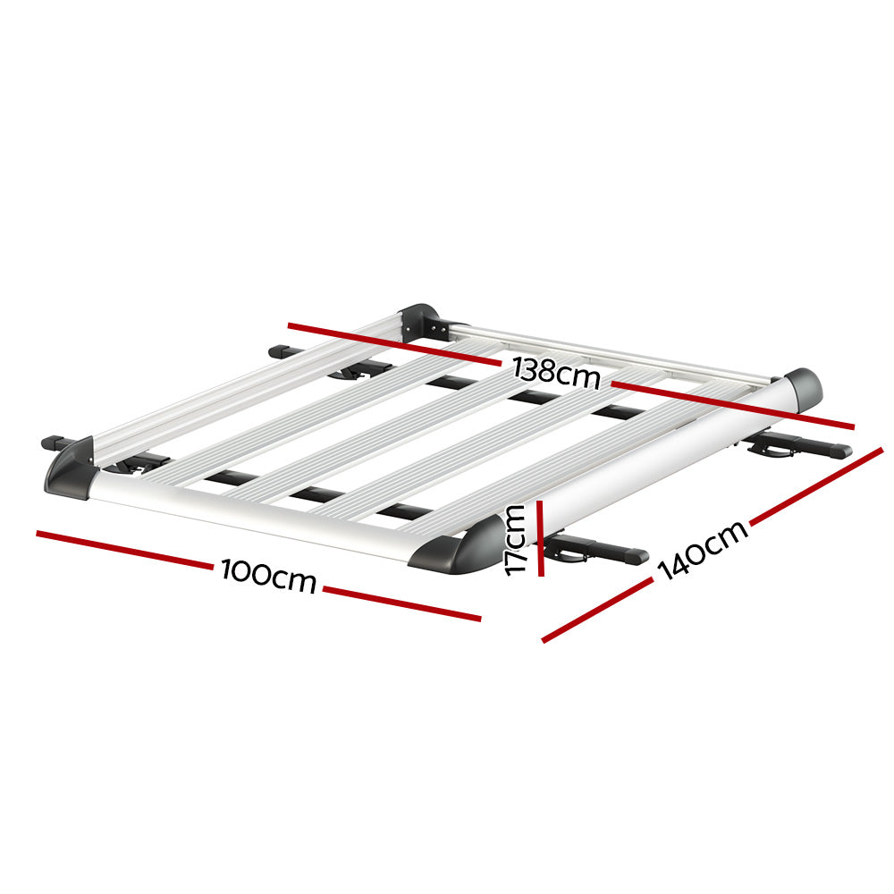 The Giantz Universal Car Roof Rack Basket Luggage Vehicle Cargo Carrier 140cm Silver is a sleek, silver roof rack with a rectangular frame and parallel bars designed to attach to your vehicle's roof. Perfect for carrying camping essentials, it features black corner pieces and mounting brackets for secure placement.