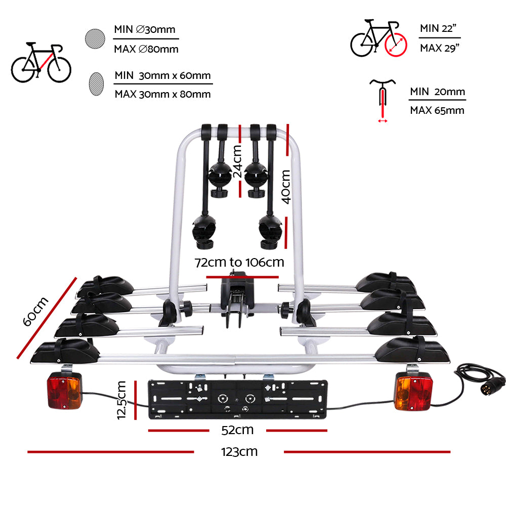 A collage displaying three images: top left is a close-up of a red and orange tail light attached to a metal bar; top right features a 7-pin power plug; and the bottom image highlights the Giantz 4 Bicycle Bike Carrier Rack Car Towbar Hitch Ball Mount Tail light Silver with its number plate holder and visible wiring beneath.