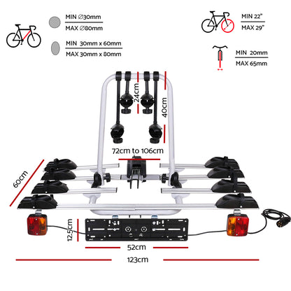 A collage displaying three images: top left is a close-up of a red and orange tail light attached to a metal bar; top right features a 7-pin power plug; and the bottom image highlights the Giantz 4 Bicycle Bike Carrier Rack Car Towbar Hitch Ball Mount Tail light Silver with its number plate holder and visible wiring beneath.