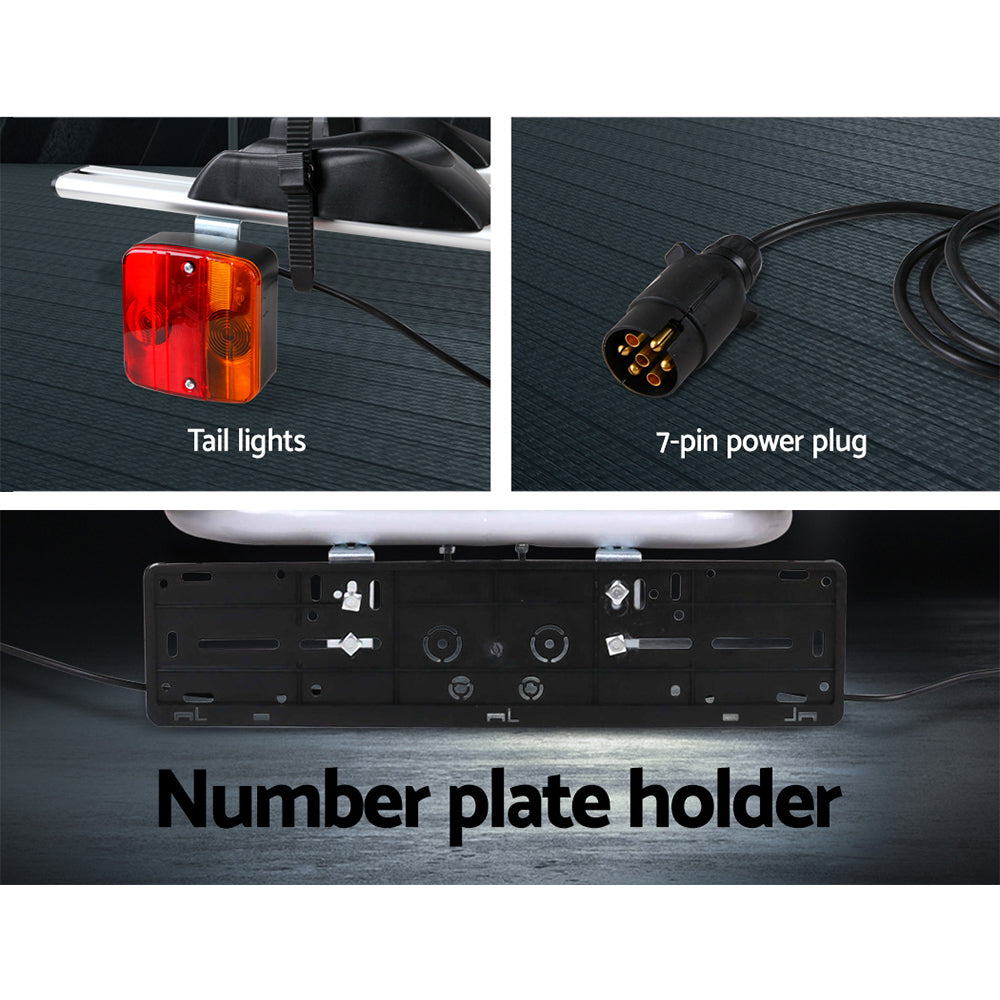 A collage displaying three images: top left is a close-up of a red and orange tail light attached to a metal bar; top right features a 7-pin power plug; and the bottom image highlights the Giantz 4 Bicycle Bike Carrier Rack Car Towbar Hitch Ball Mount Tail light Silver with its number plate holder and visible wiring beneath.