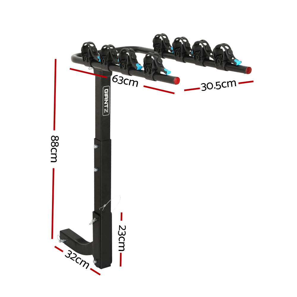 A black Giantz 4 Bicycle Carrier Bike Rack Car Rear Hitch Mount 2" Towbar Foldable designed to hold four bicycles, featuring a sturdy vertical support made of durable powder-coated steel with mounting hardware at the base. Horizontal arms with individual clamps and blue accents secure each bike. The brand name "Gran Z" is visible on the vertical bar for hassle-free storage.