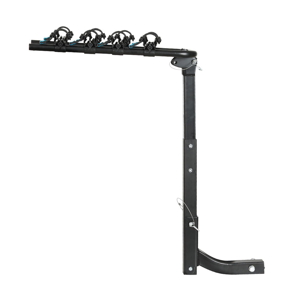 A black Giantz 4 Bicycle Carrier Bike Rack Car Rear Hitch Mount 2" Towbar Foldable designed to hold four bicycles, featuring a sturdy vertical support made of durable powder-coated steel with mounting hardware at the base. Horizontal arms with individual clamps and blue accents secure each bike. The brand name "Gran Z" is visible on the vertical bar for hassle-free storage.