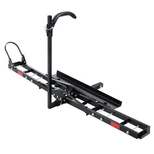 The Giantz Motorcycle Motorbike Carrier Rack Ramp 2" Towbar Adjustable Height Black, crafted from heavy-duty steel, features an adjustable wheel chock and ramp. The structure boasts a long, ladder-like frame with support brackets, bolts, and reflectors. An upright bar with a hook support is attached to stabilize the motorcycle.